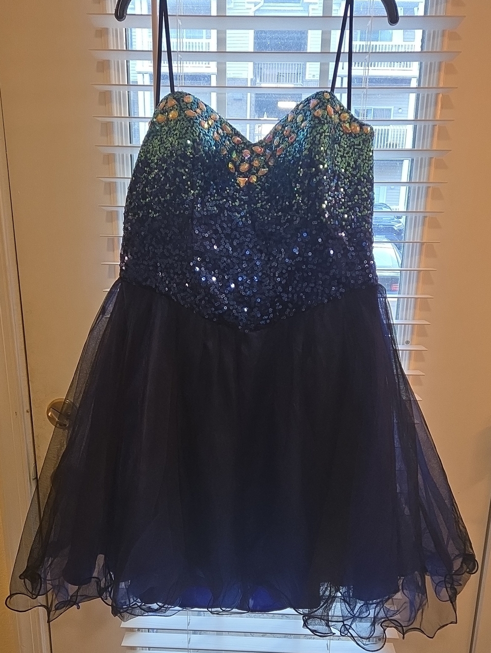 Ashley Stewart Navy and Green Sequin Tulle Party Dress
